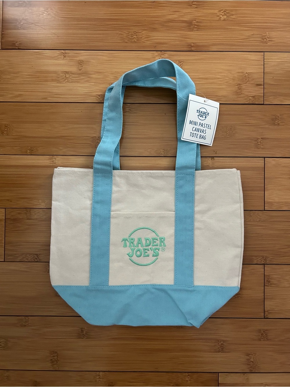 Trader Joe's Mini Canvas Tote in Light Blue & Cream
